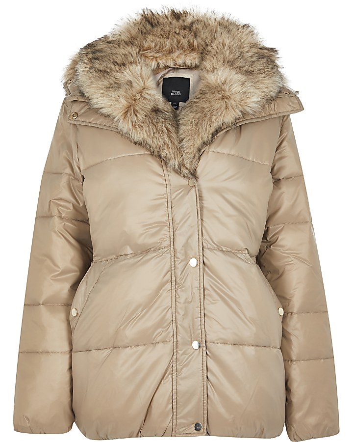 Brown faux fur hooded puffer coat