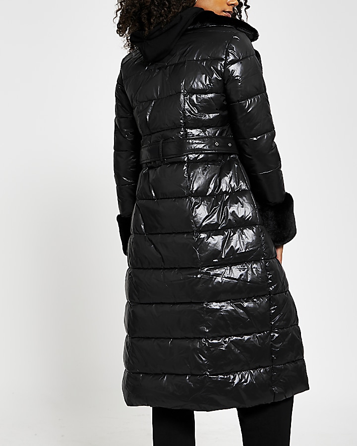 Black belted faux fur cuff padded coat