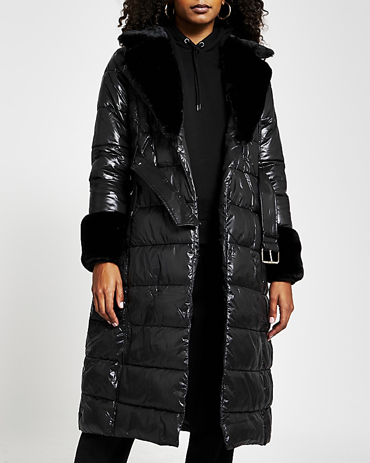 Black belted faux fur cuff padded coat