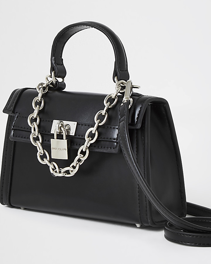 Black mini chain detail padlock crossbody bag