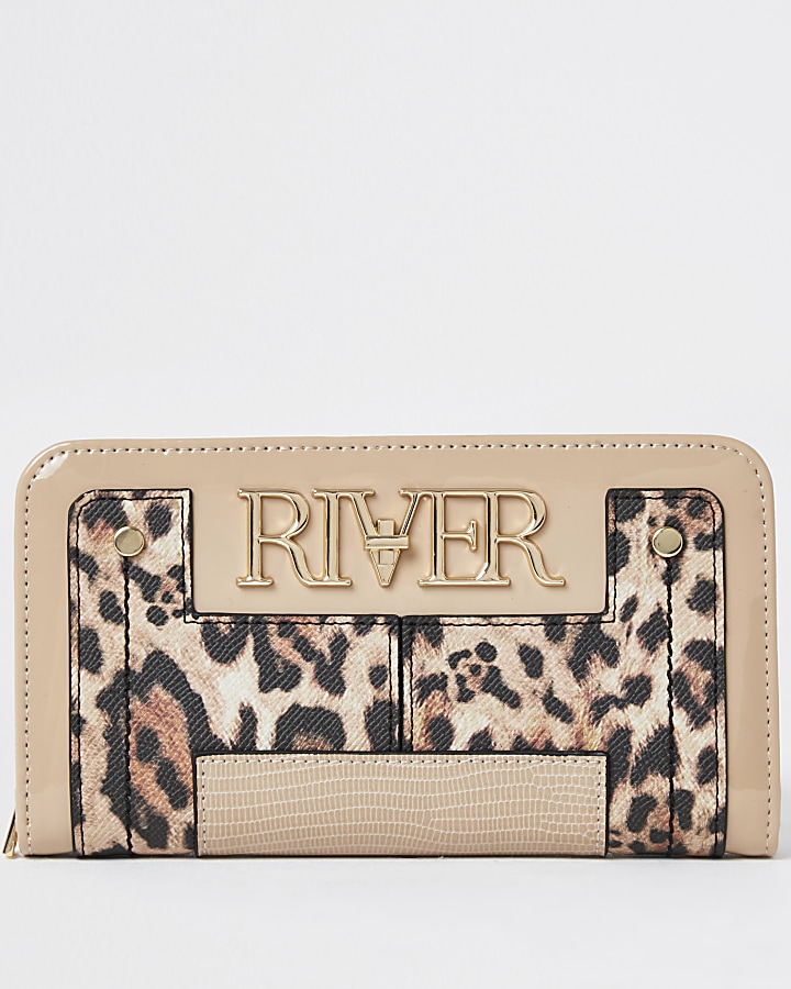 Beige leopard print 'River' zip purse