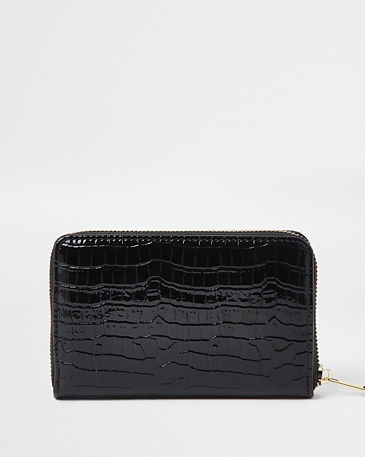 Black patent embossed mini ziparound purse