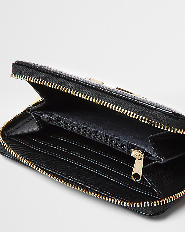 Black patent embossed mini ziparound purse