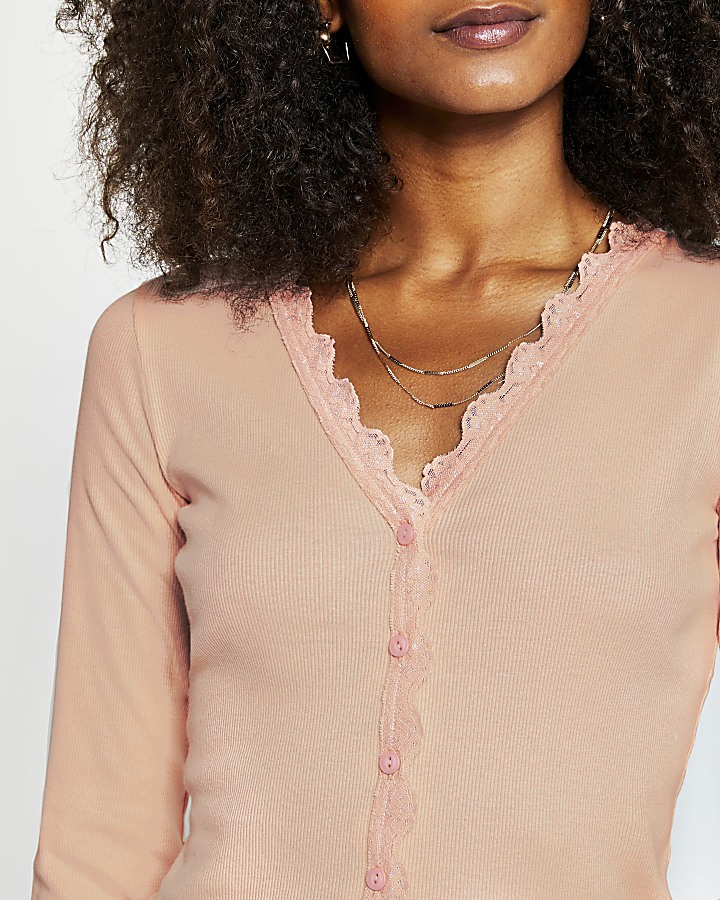 Pink long sleeve lace trim button cardigan