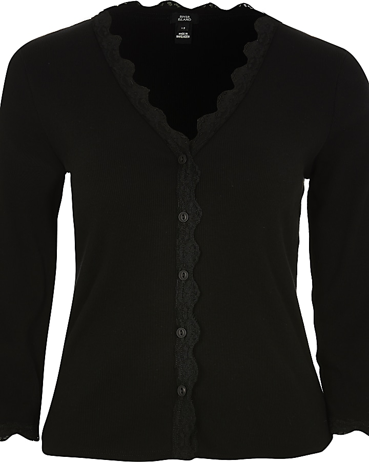 Black long sleeve lace trim button cardigan