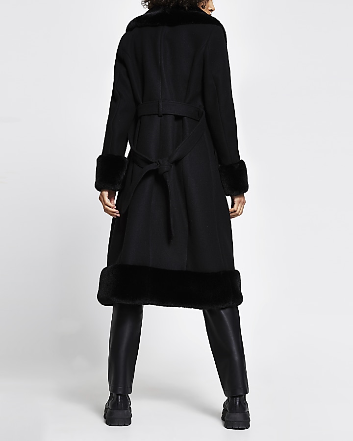 Black long faux fur robe belted coat