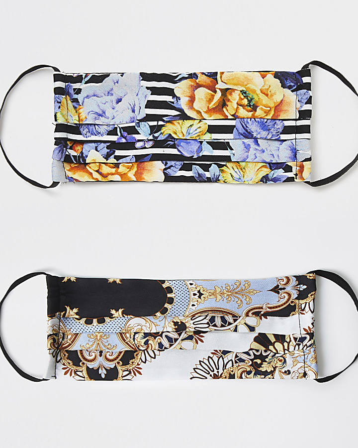 Blue floral print face covering pack of 2