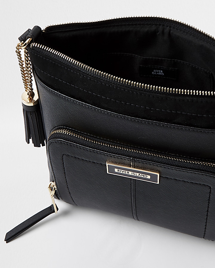 Black zip pocket messenger bag