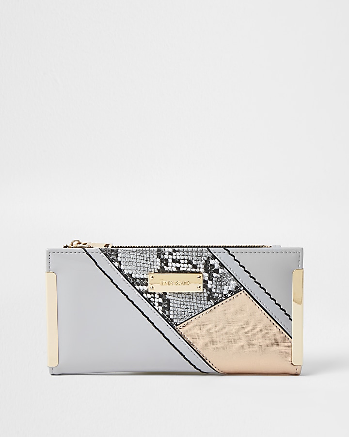 Grey snake print colour block clip purse