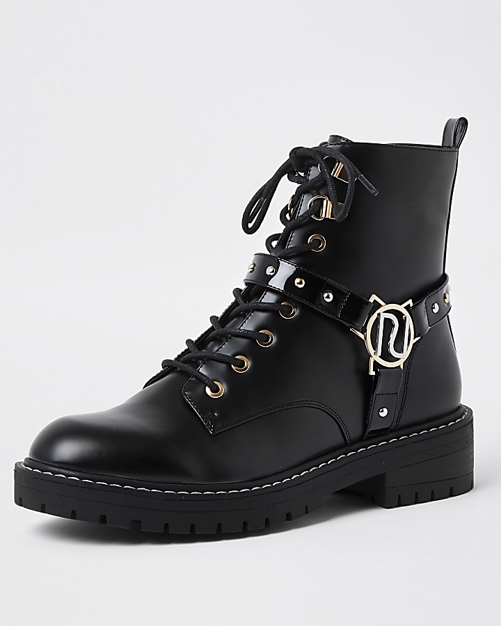 Black embellished RI chunky lace up boots