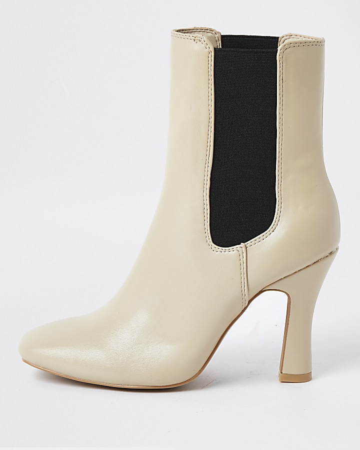 Cream Faux Leather block heel boots
