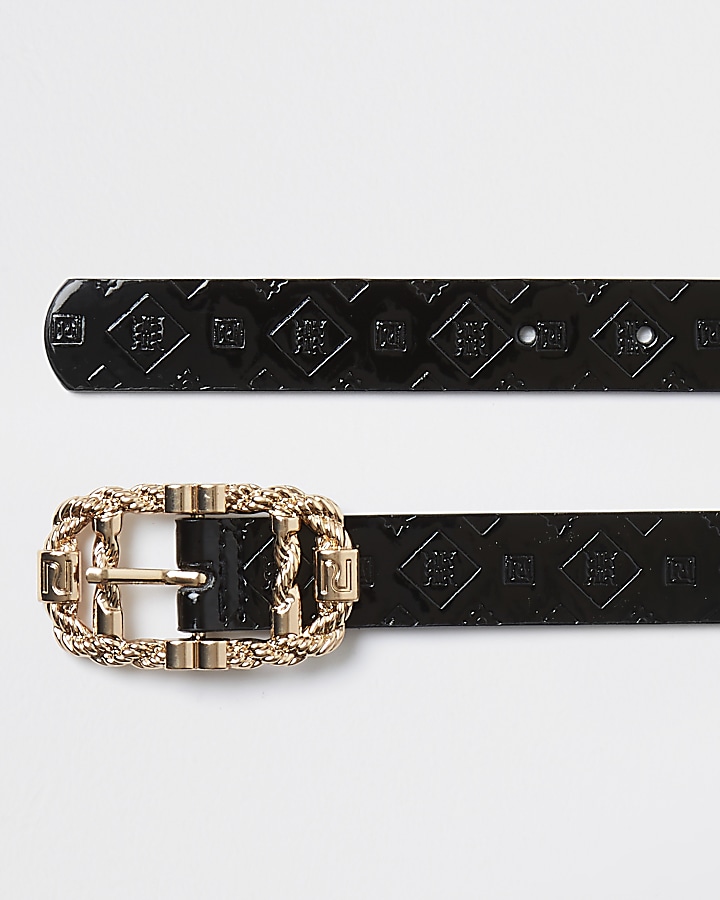 Black RI monogram embossed buckle belt