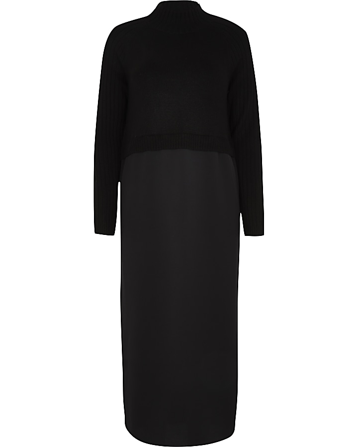 Black satin Long Sleeve Midi Jumper dress