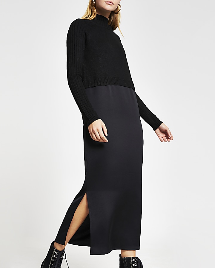 Black satin Long Sleeve Midi Jumper dress