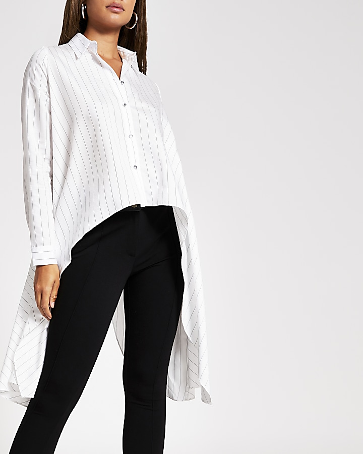 White stripe frill asymmetrical shirt