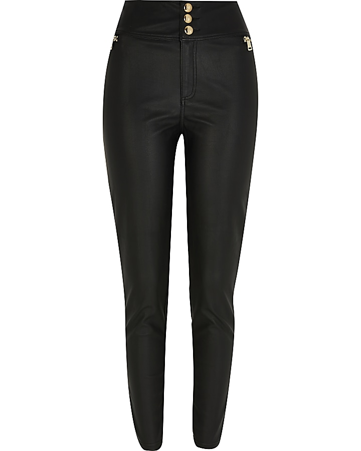 Petite black zip pocket PU skinny trousers