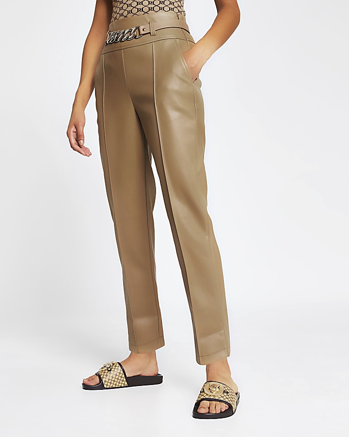 Brown faux Leather chain belt trousers