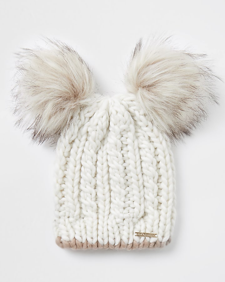 Beige cable knit double pom pom beanie hat