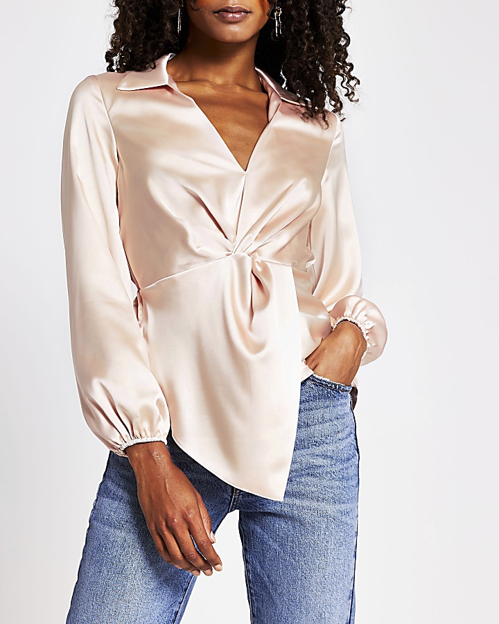 Pink long sleeve twist front blouse