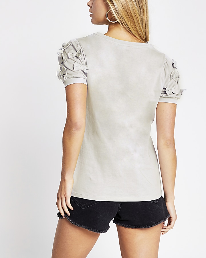Grey bow sleeve print t-shirt