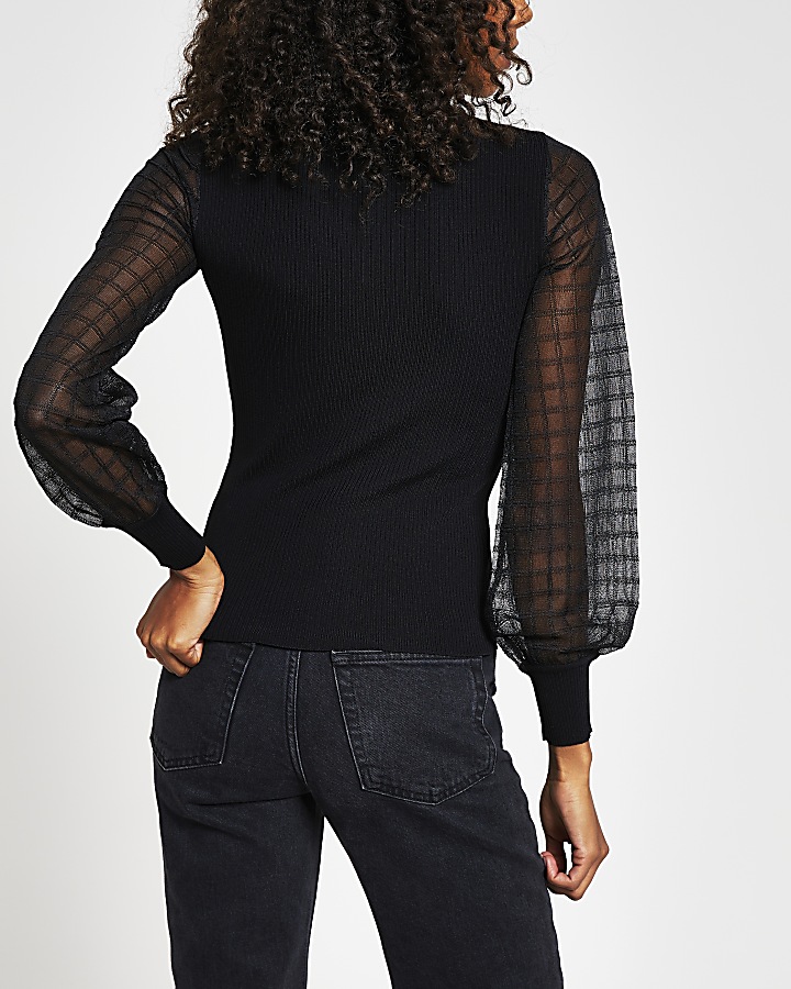 Black mesh knit body fit top