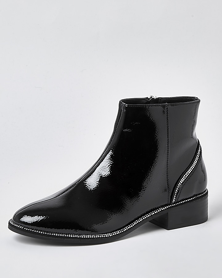 Black diamante heel flat ankle boots