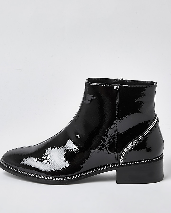 Black diamante heel flat ankle boots