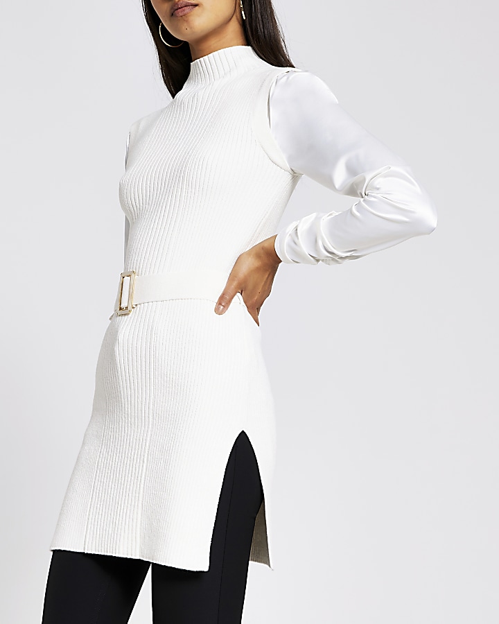 White knitted turtle neck belted top