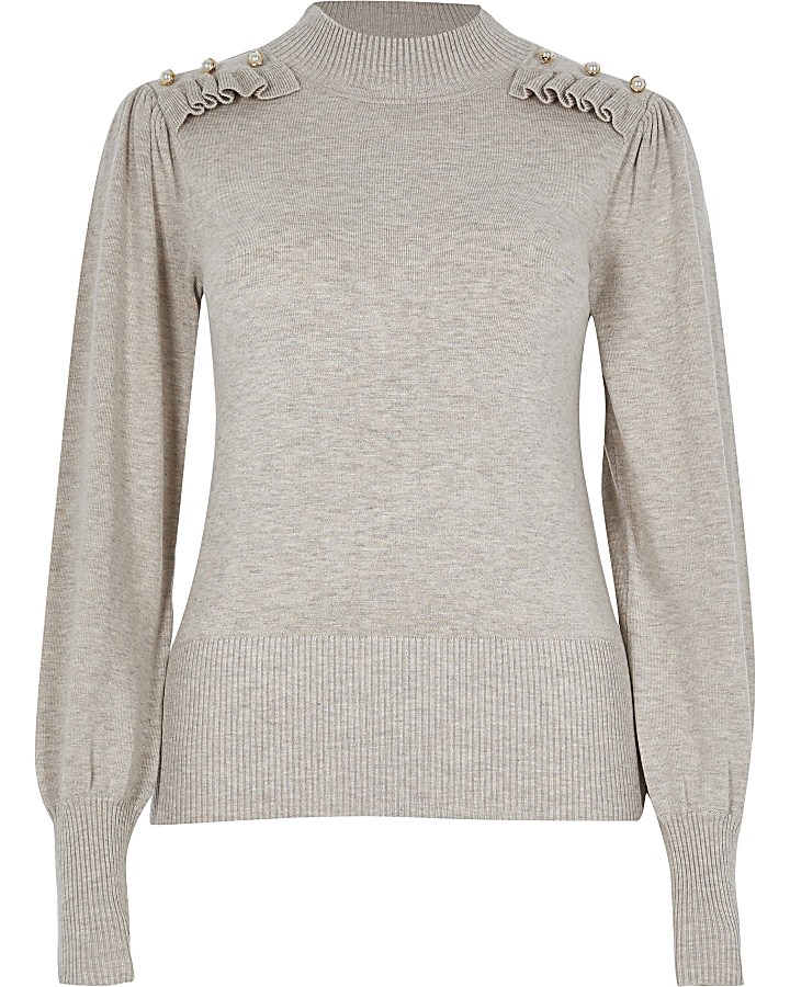 Beige frill detail high neck knitted top