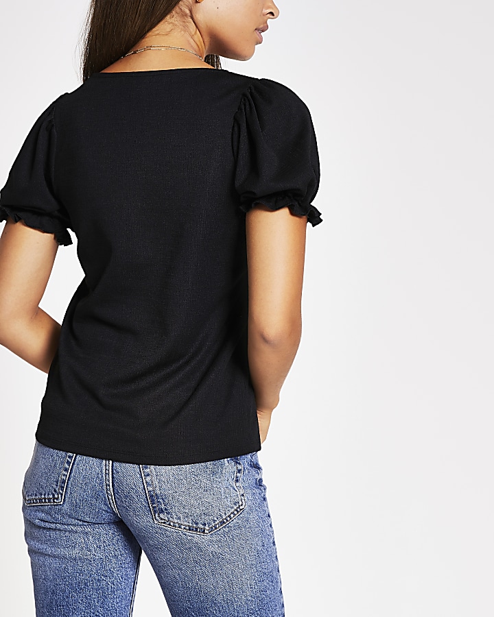 Black square neck puff sleeve top