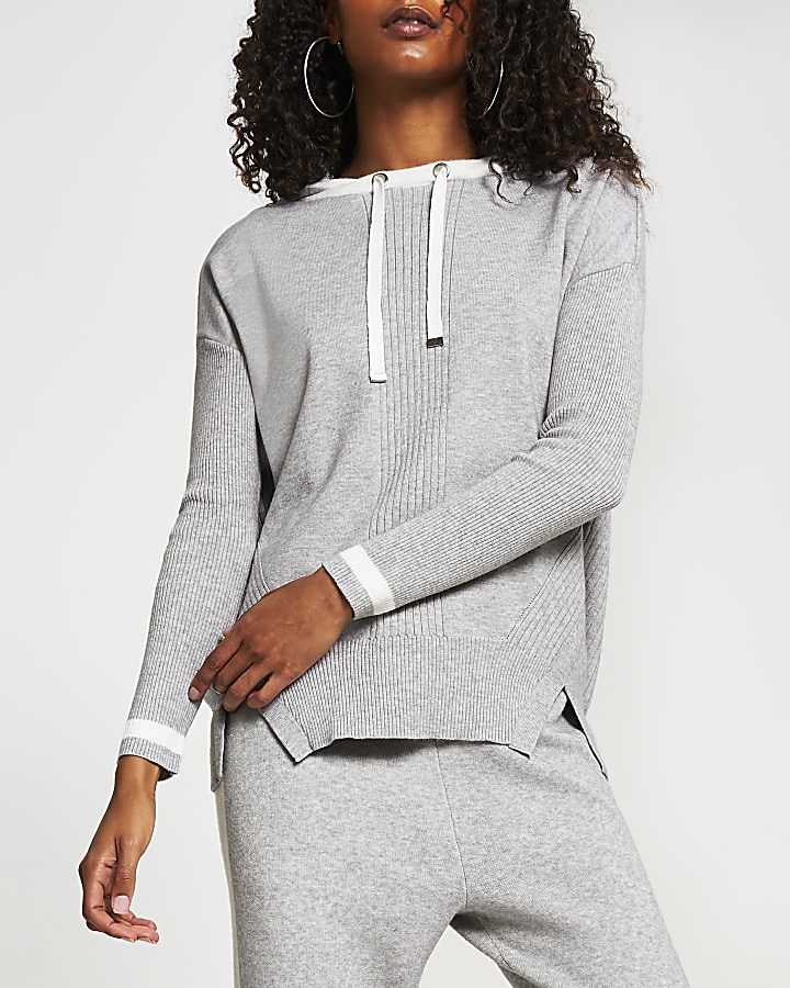 Grey striped cuff knitted hoodie