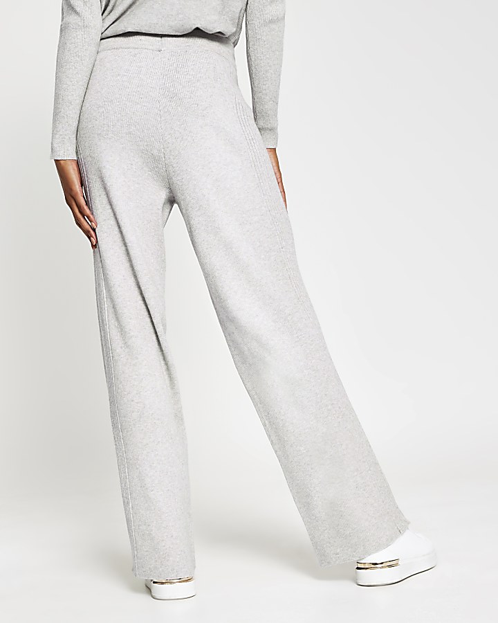 Grey wide leg ribbed knit trousers