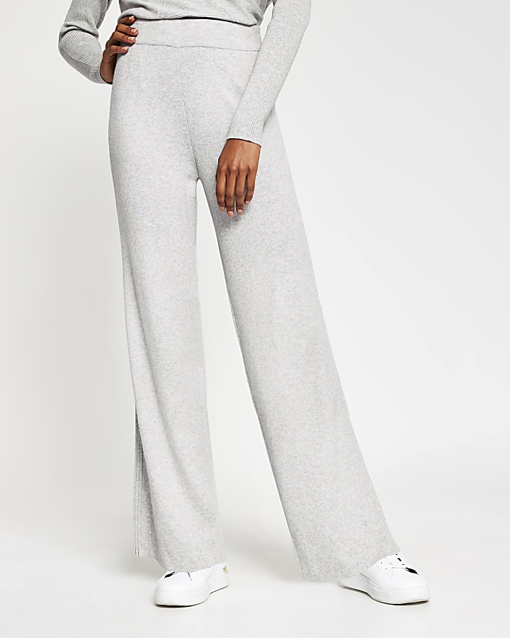 Grey wide leg ribbed knit trousers