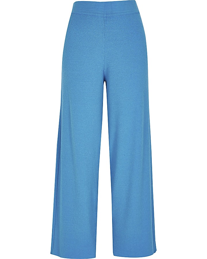 Blue wide leg ribbed knit trousers