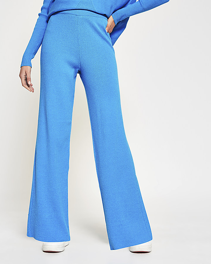 Blue wide leg ribbed knit trousers