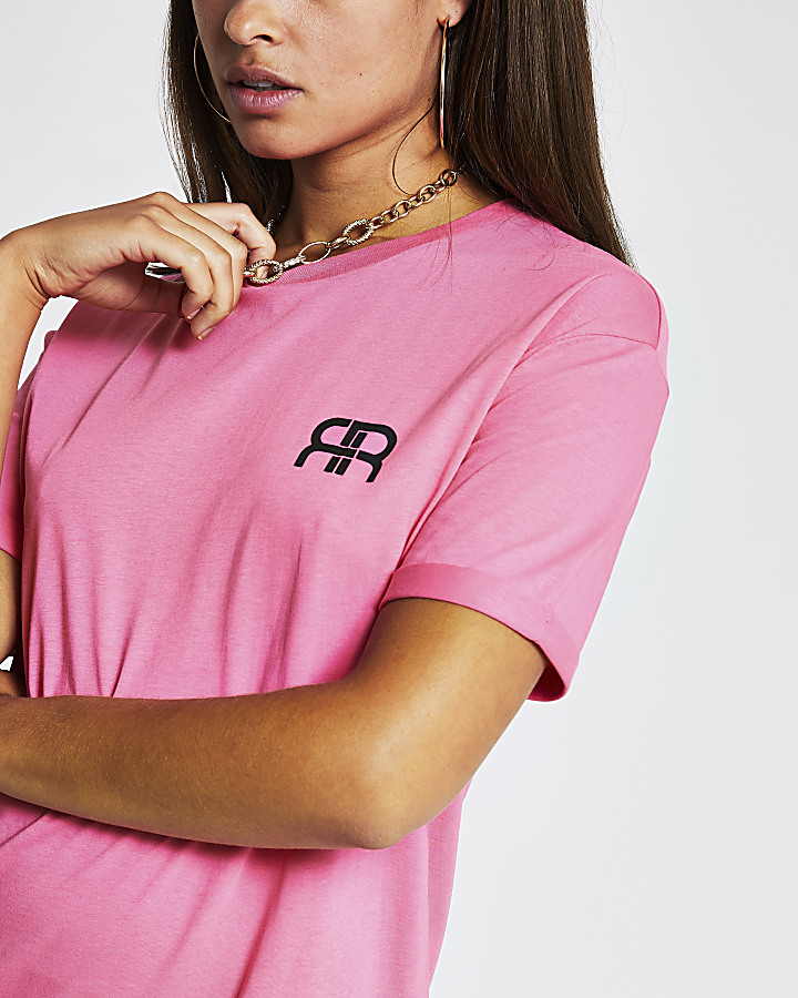 Pink short sleeve RR longline branded t-shirt