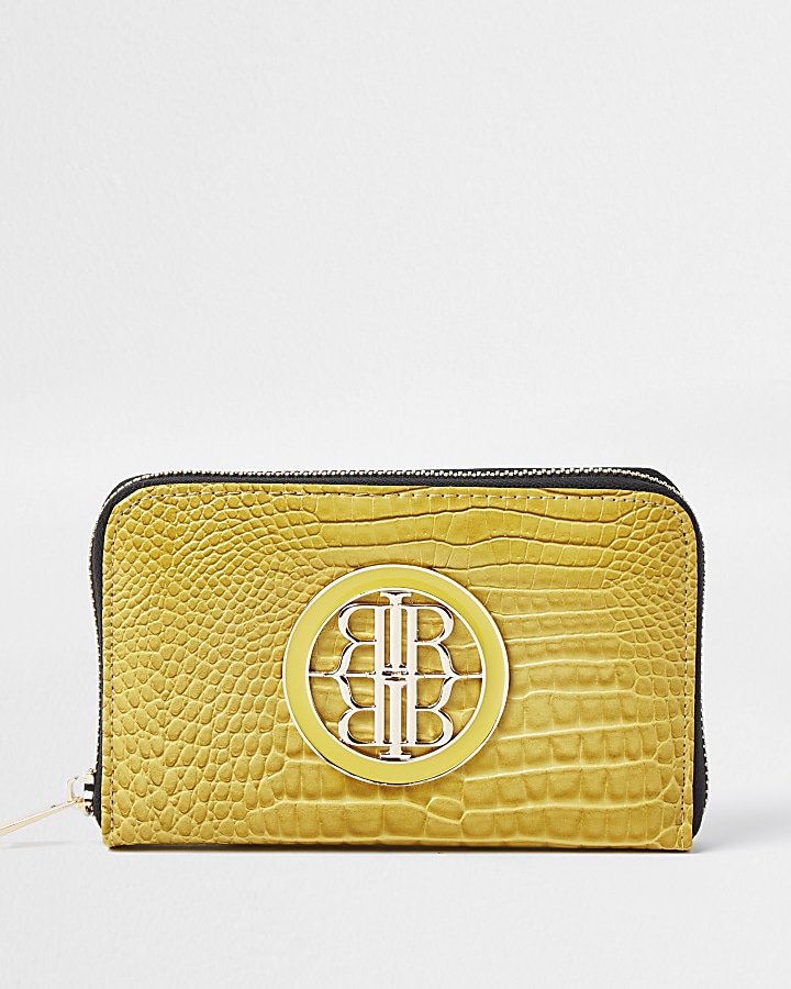 Yellow croc RI enamel zip around mini purse