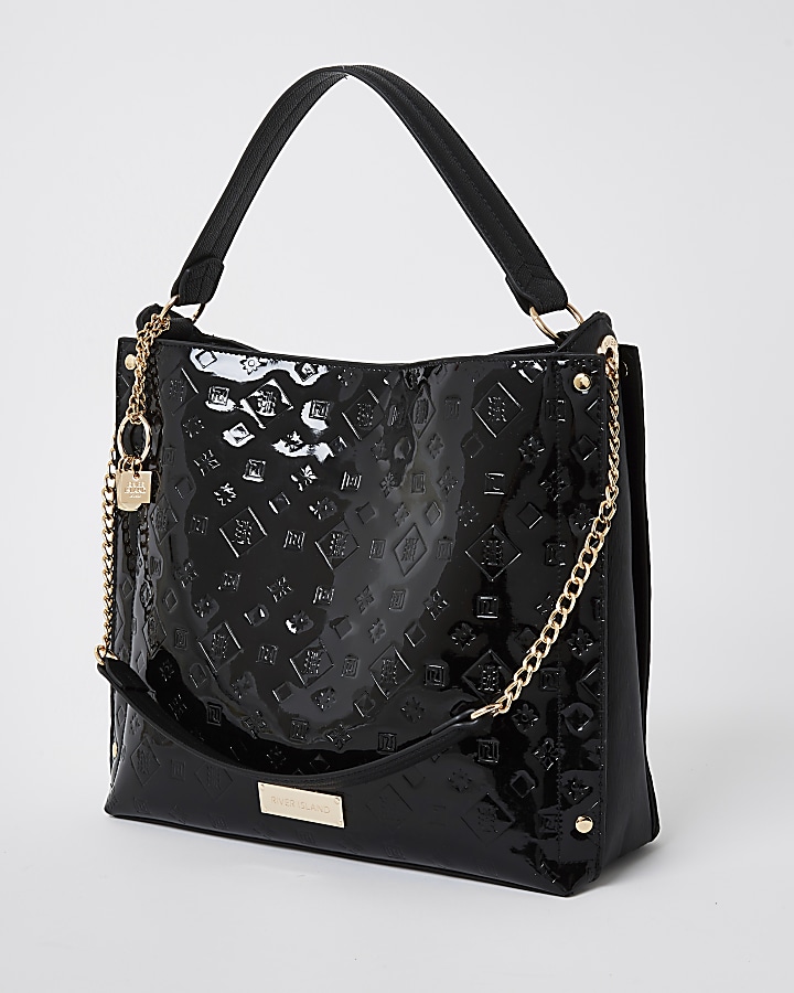 Black patent embossed slouch handbag