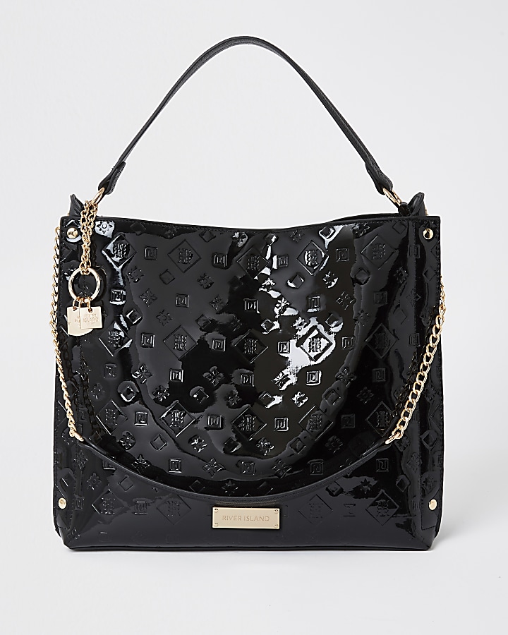 Black patent embossed slouch handbag
