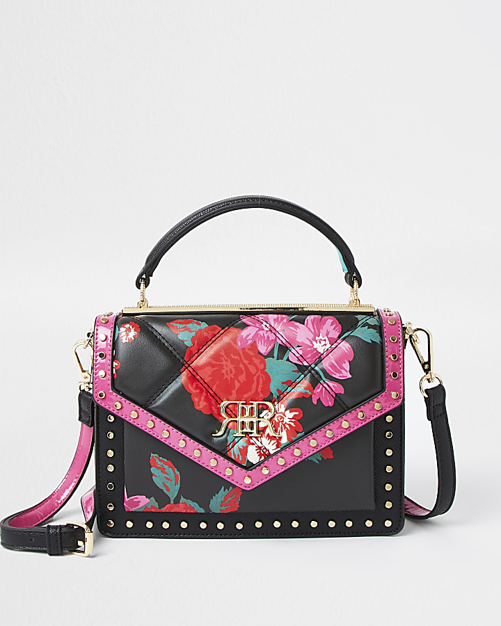 Black floral studded satchel handbag