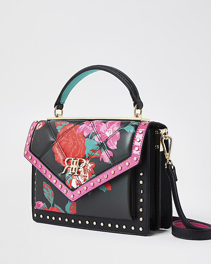 Black floral studded satchel handbag