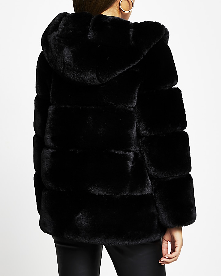 Black panelled hooded faux fur coat
