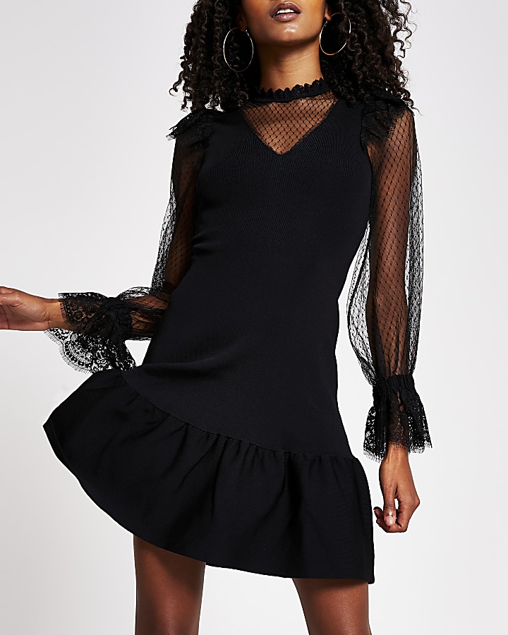 Black Sheer Long Sleeve Knitted dress