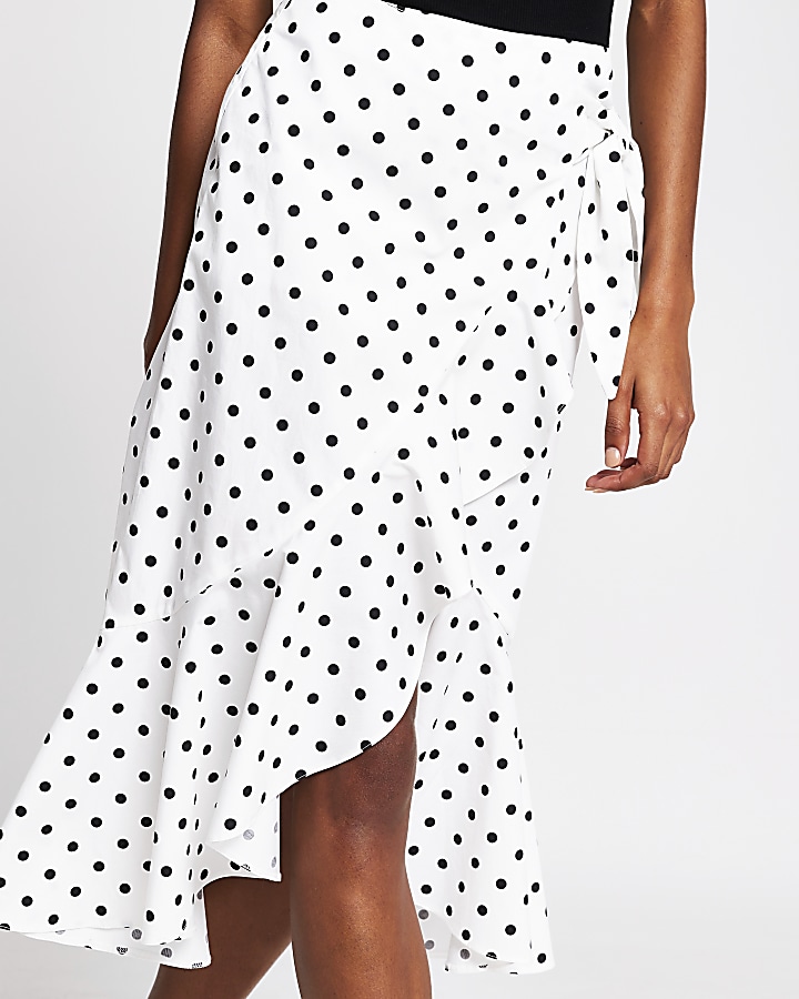 White spot print wrap midi skirt