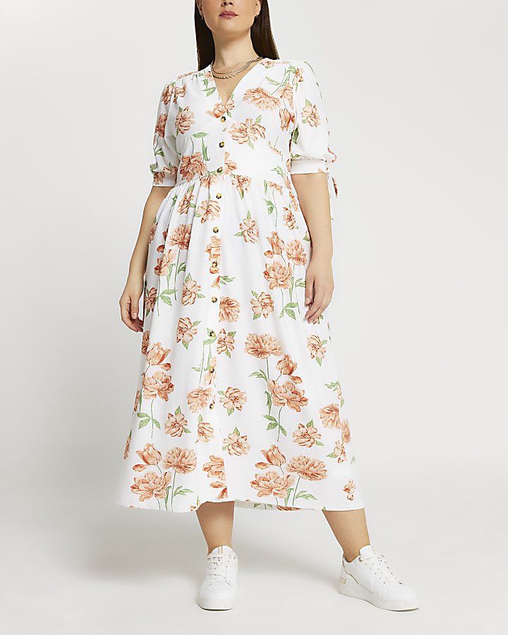 Plus cream floral printed midi dress
