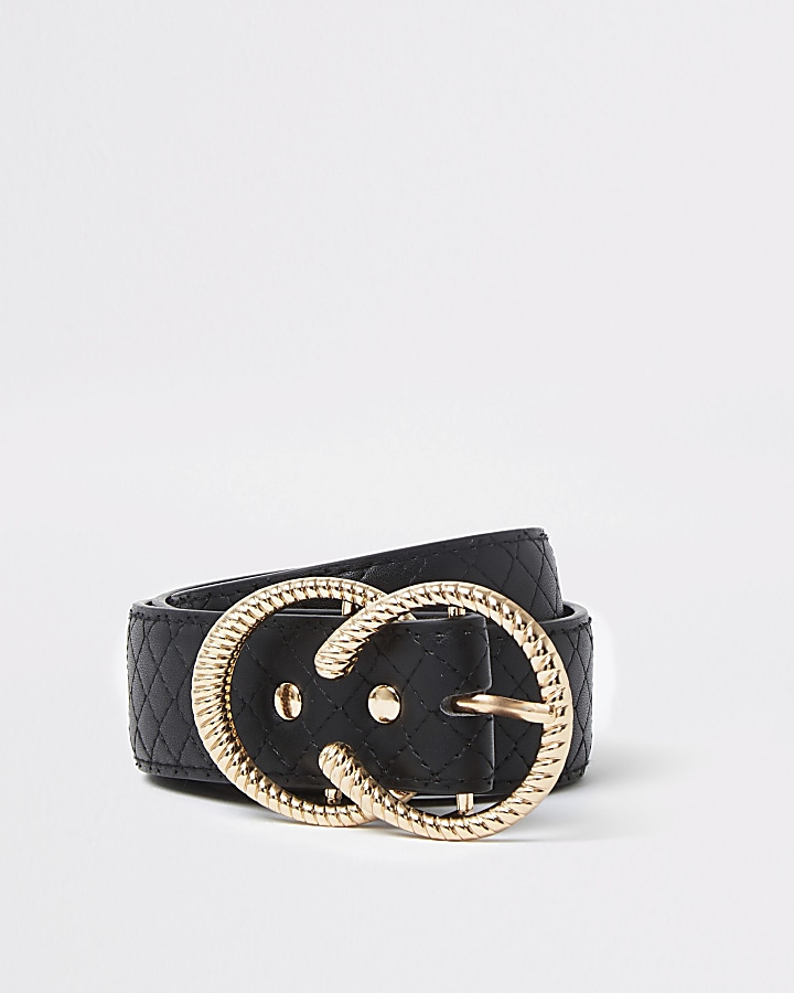 Black quilted strap double ring belt