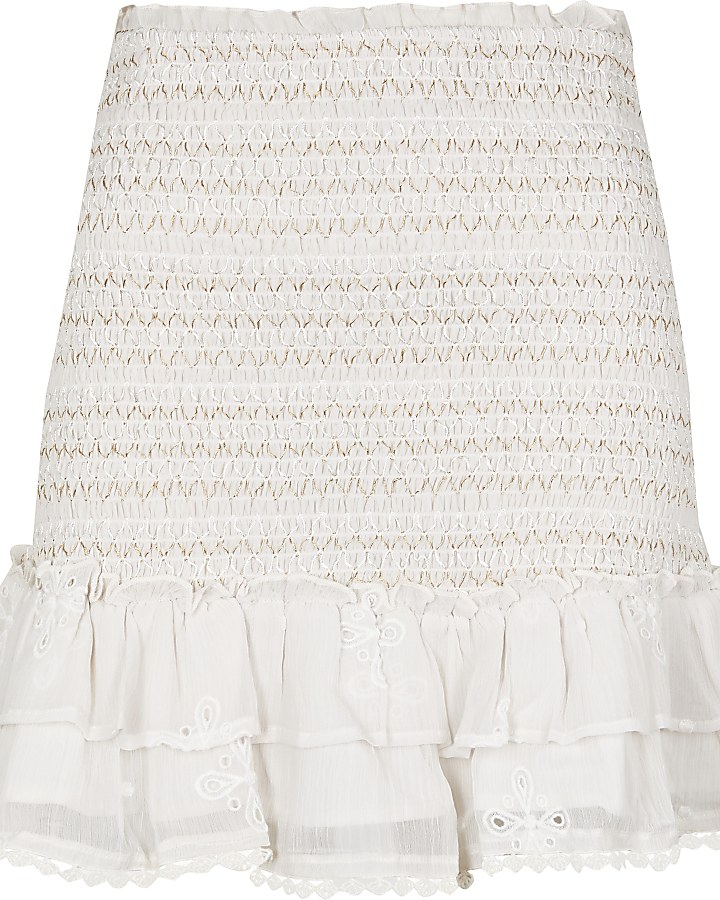 White shirred chiffon tiered mini skirt