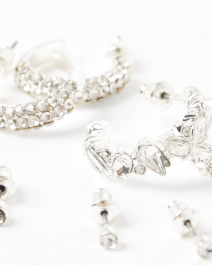 White diamante hoop earrings 6 pack