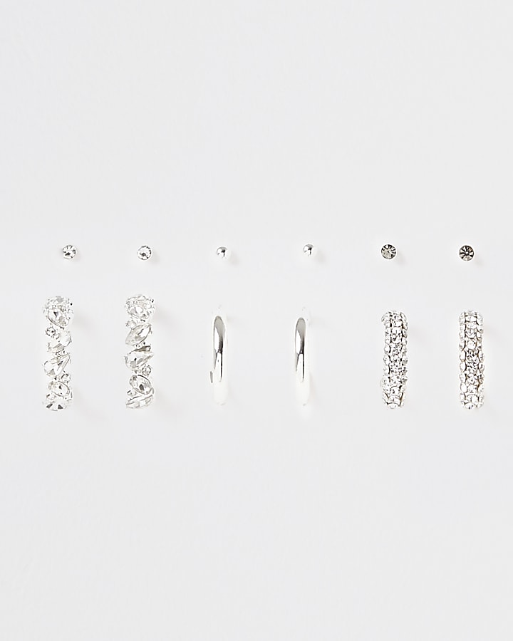 White diamante hoop earrings 6 pack