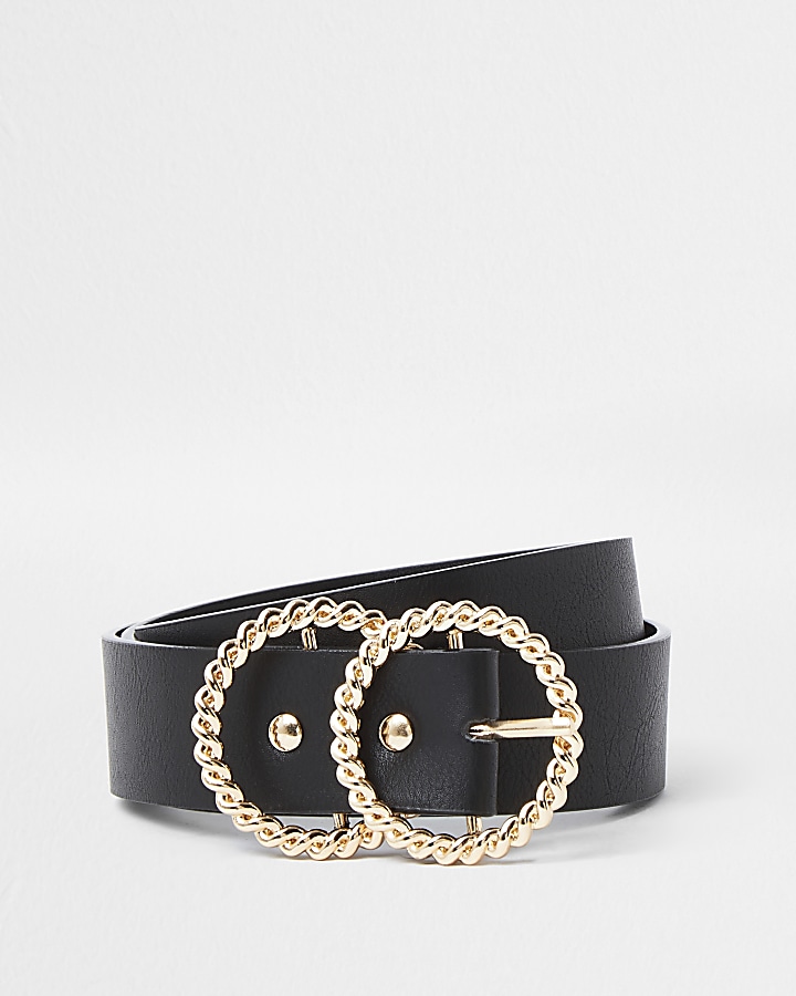 Black chain textured gold double ring belt